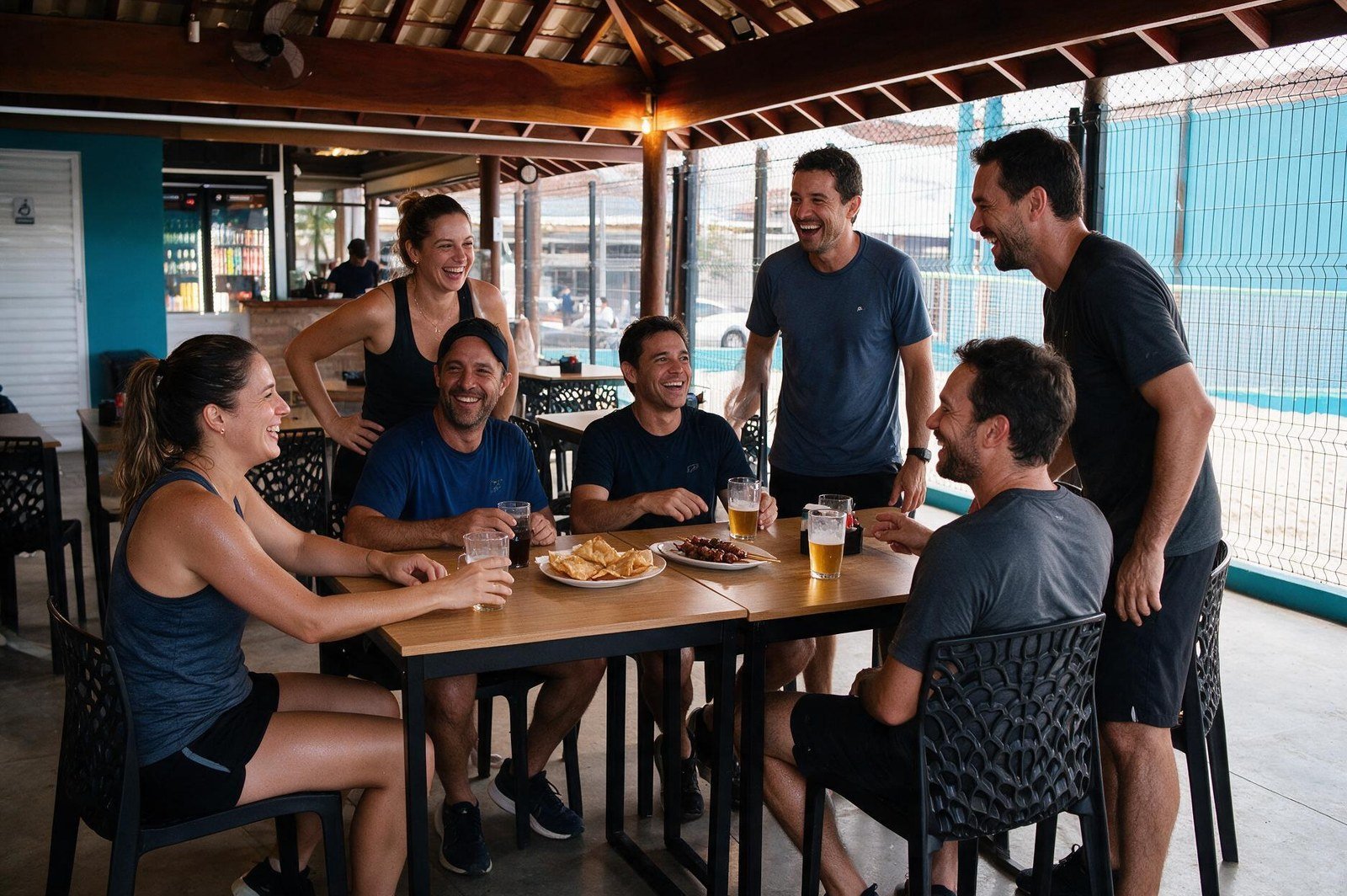 Grupo de amigos confraternizando com cerveja e petiscos na área de mesas coberta da Tropical Beach, com a quadra de areia ao fundo