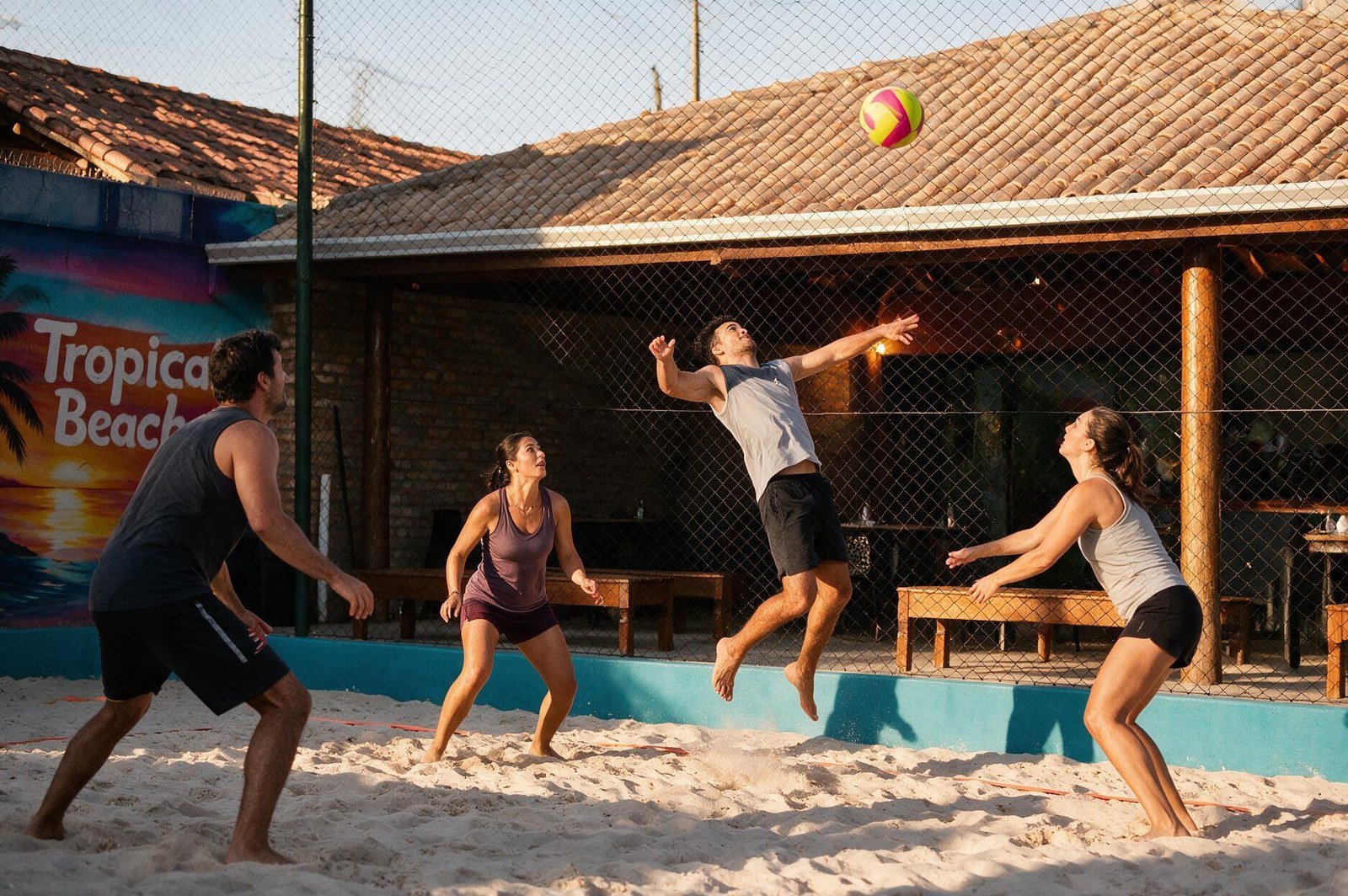 Jogadores em partida de vôlei de areia na quadra da Tropical Beach ao entardecer, com o mural Tropical Beach e a área coberta do bar ao fundo